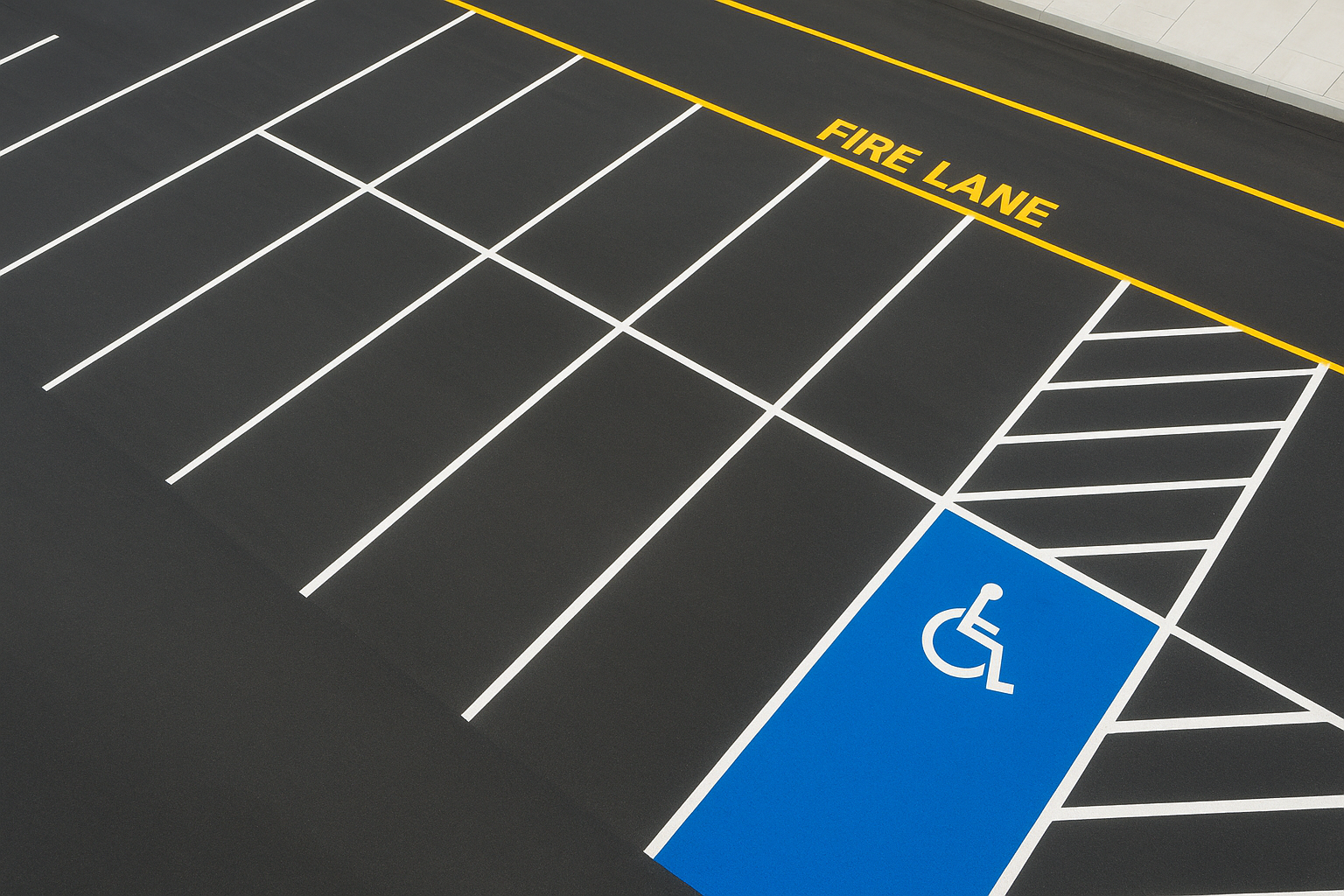 Freshly painted stripes n more parking lot markings including ADA and fire lane designations
