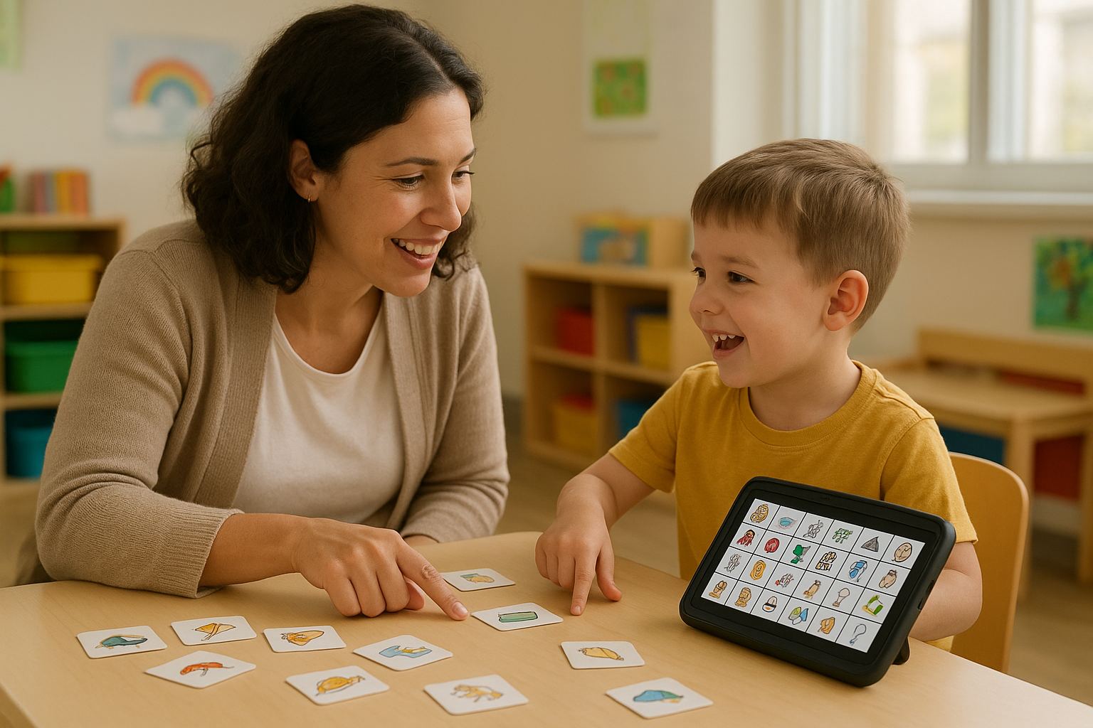 SLP modeling a core word on an AAC device during play-based therapy with a young child