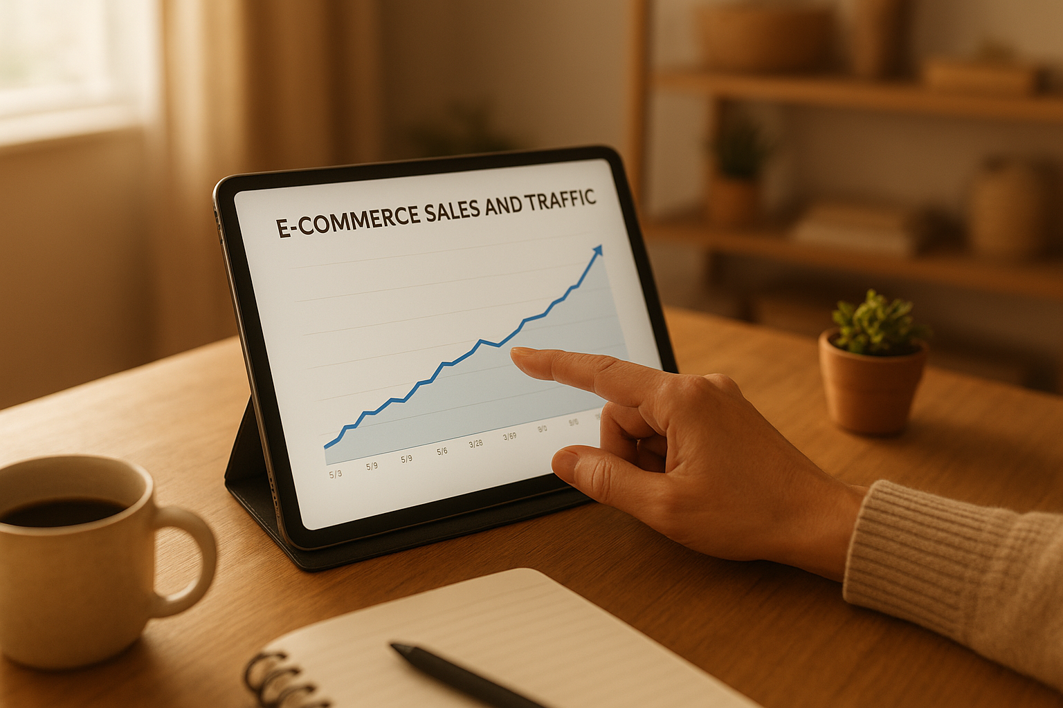 Ecommerce store owner reviewing a traffic growth chart after implementing automated SEO