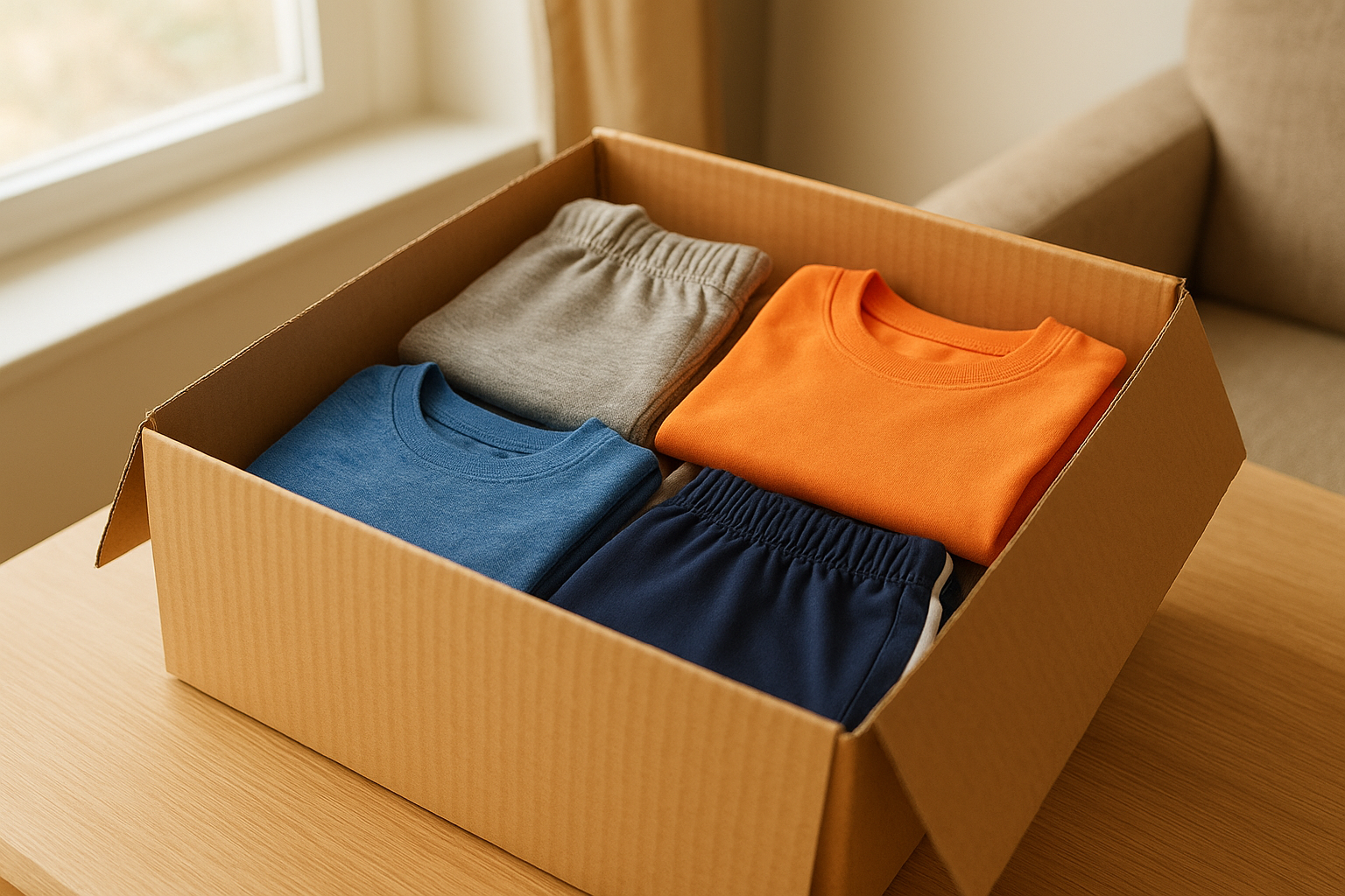 Shipping box with folded kids athletic wear ready for rental delivery