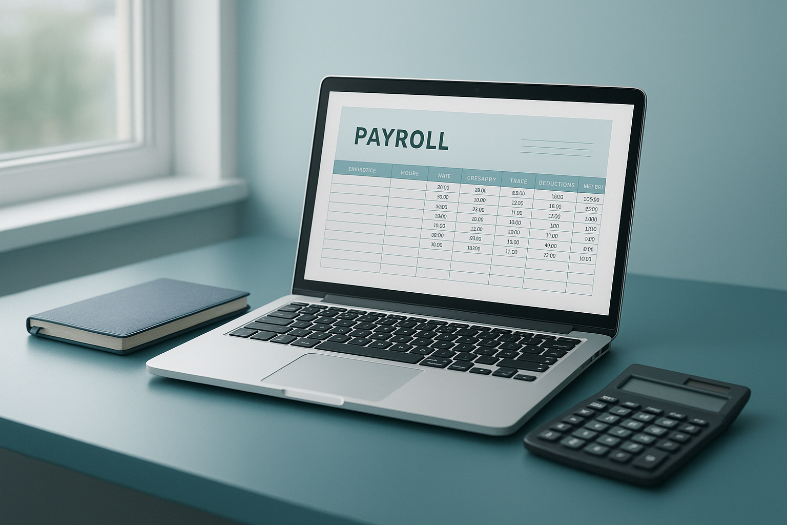 Laptop and documents illustrating aso payroll meaning for a small business office