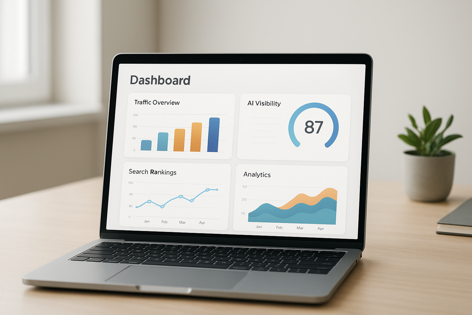 Dashboard showing digital optimization tools tracking search rankings and AI visibility scores