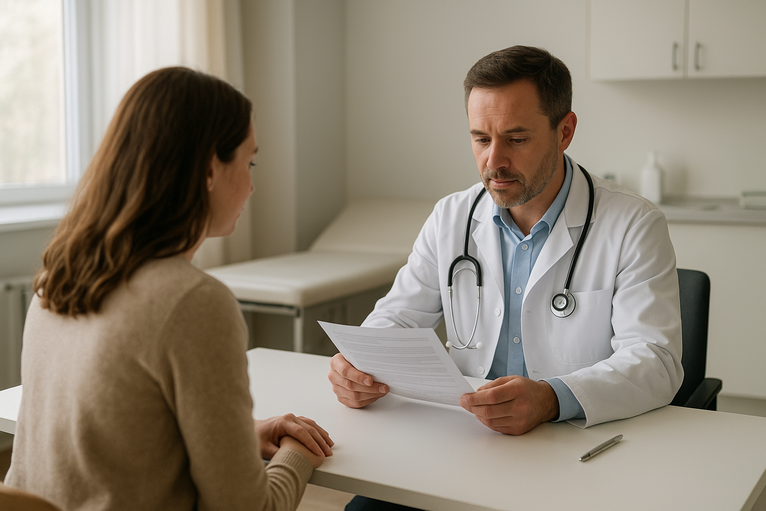 Physician reviewing evidence-based hormone therapy lab results with a patient in a modern Ontario clinic