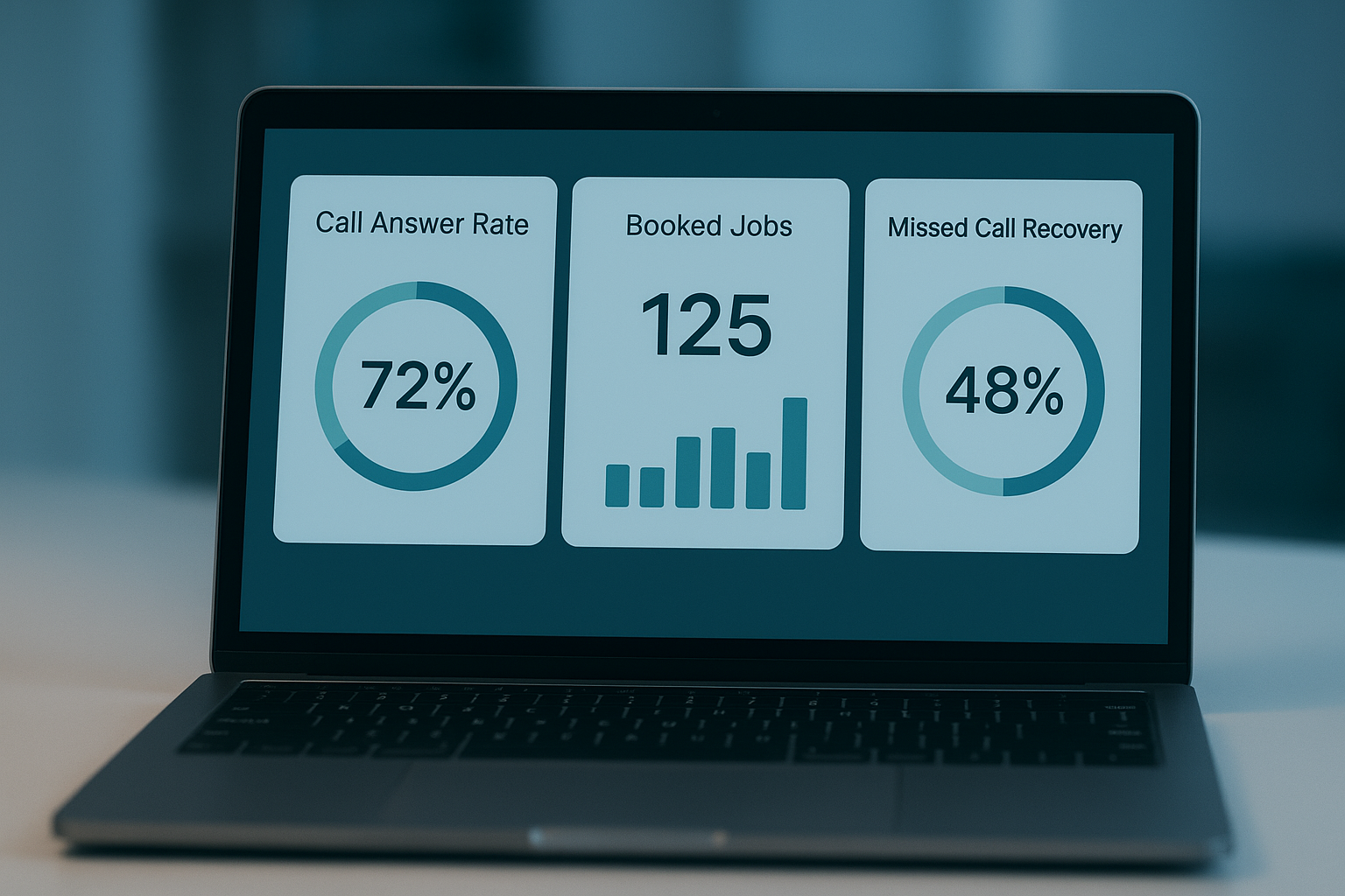 Dashboard showing missed call recovery and job booking metrics for a home service business