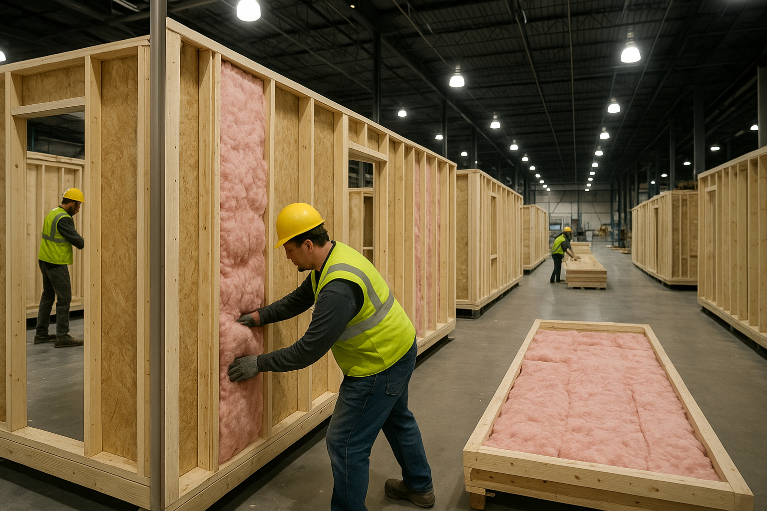 Factory assembly line building modular home wall panels indoors