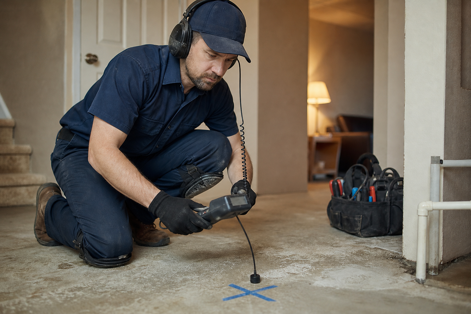 Plumber performing slab leak repair Terrell TX using electronic leak detection equipment on a concrete floor