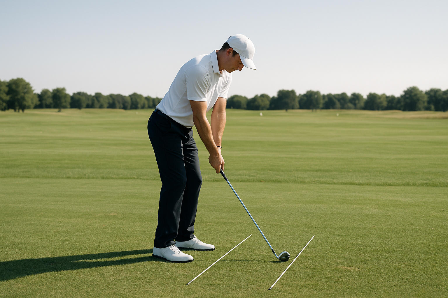 Golfer using alignment sticks to practice swing correction drills on the driving range