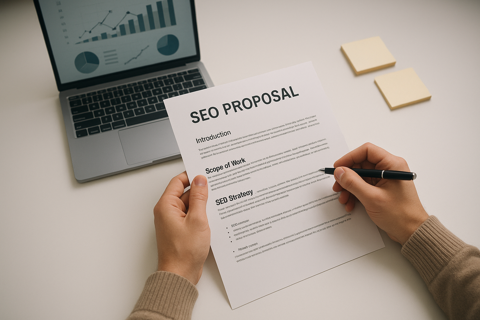 Business owner reviewing an SEO pricing proposal document at a desk