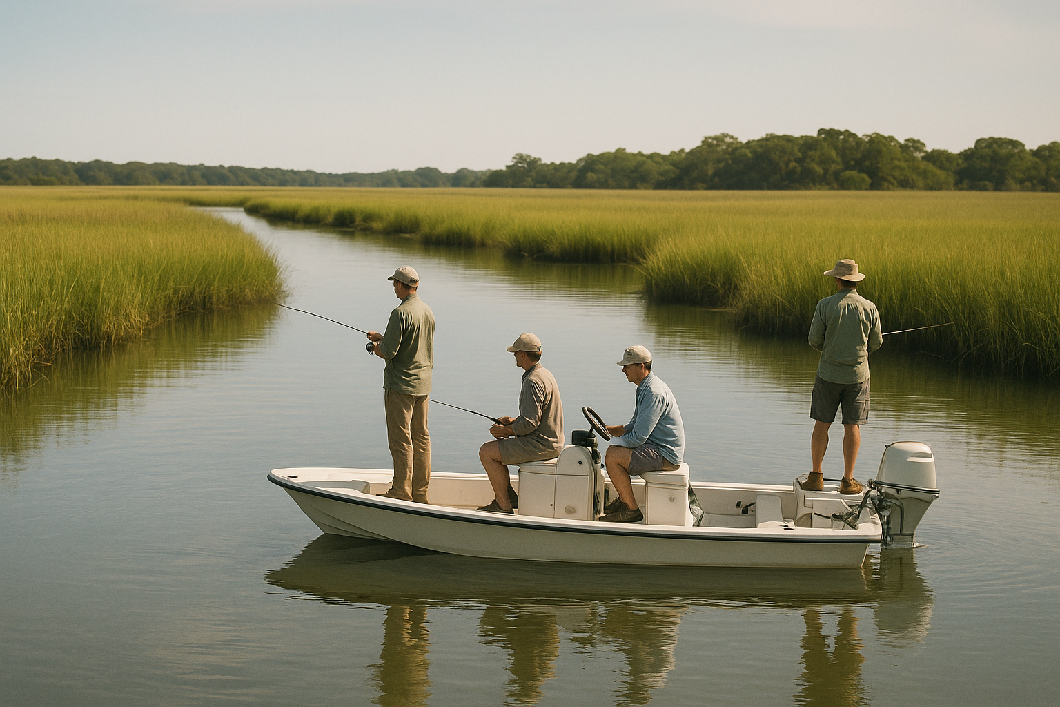 Anglers fishing a protected coastal creek during an inshore charter near North Myrtle Beach