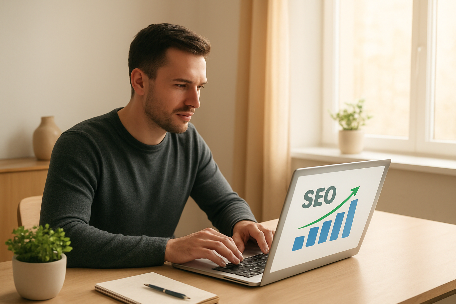 Business owner implementing scalable SEO solutions using an automated platform on a laptop