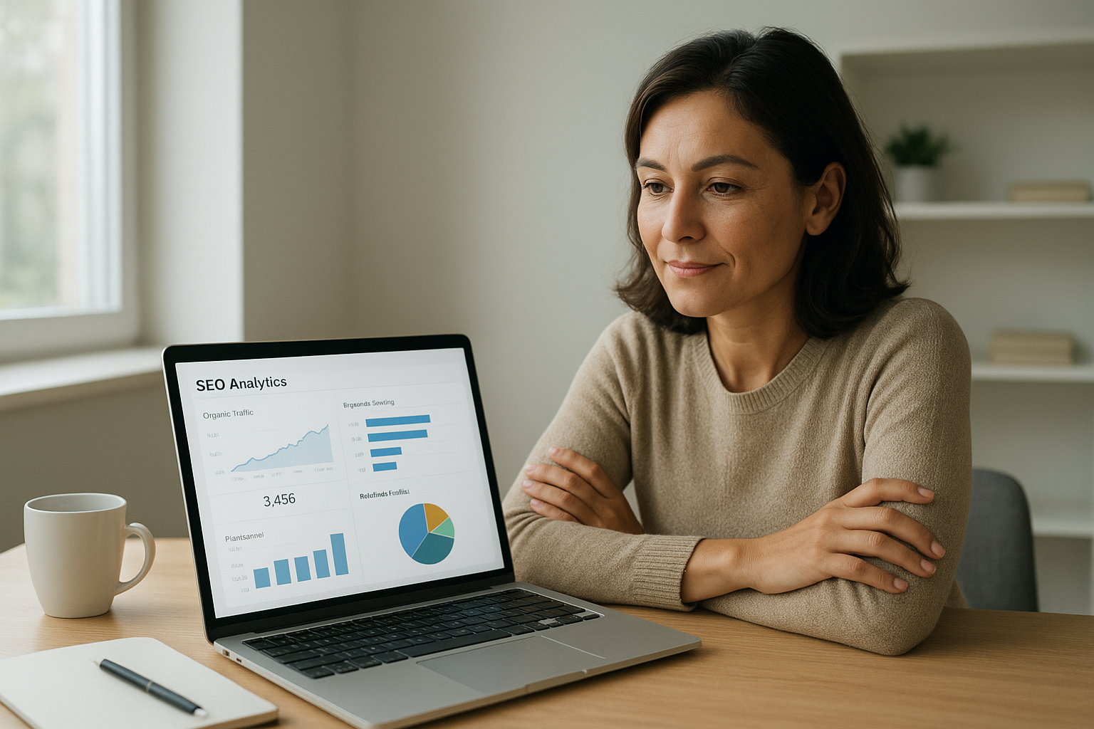 Digital entrepreneur reviewing automated SEO for digital entrepreneurs dashboard on laptop