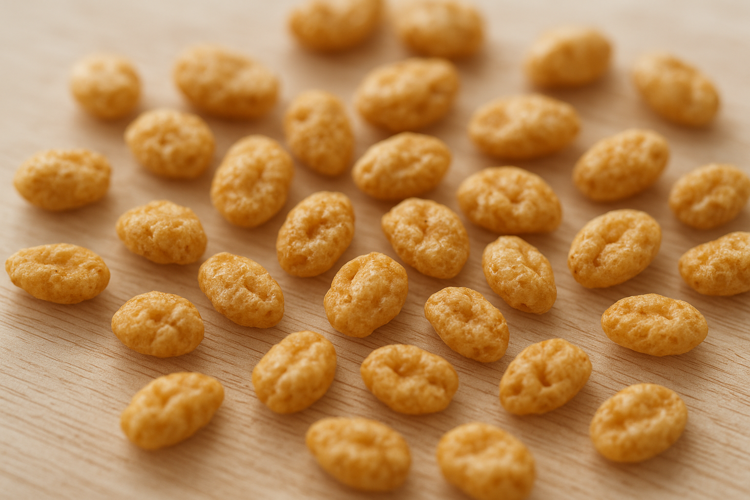 Close-up of gently puffed whole grain cereal pieces used in a healthy family cereal