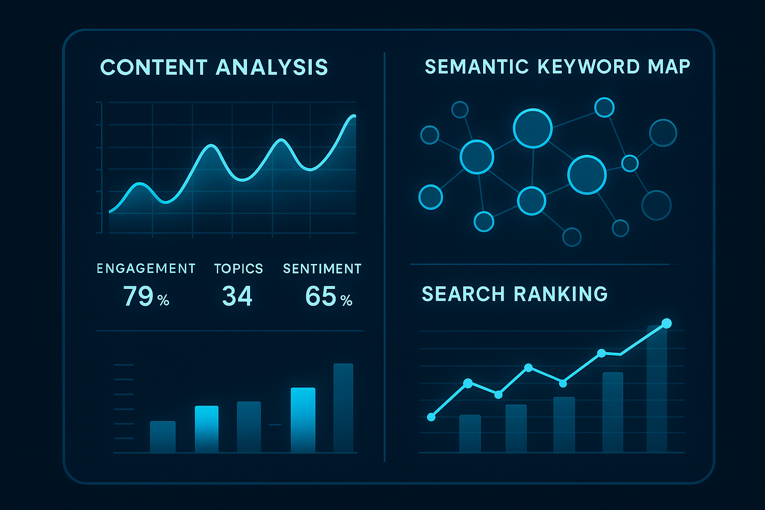 AI content analysis for SEO dashboard showing semantic keyword mapping and ranking metrics