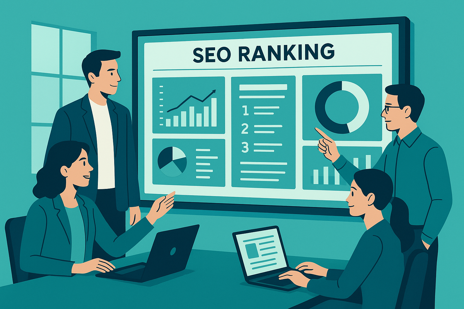 Digital marketing agency team reviewing SEO solutions for growing agencies on a shared dashboard
