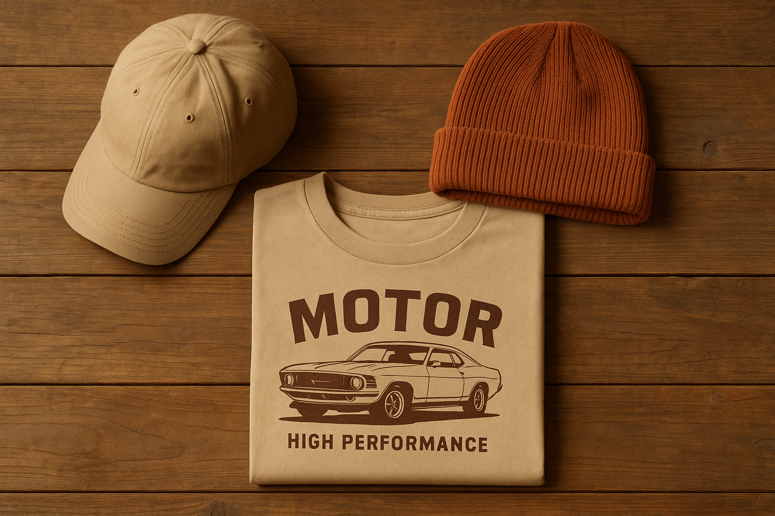 Folded headwear and apparel with automotive-inspired graphics arranged on a wooden surface