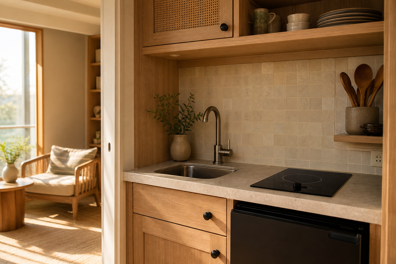 Built-in efficiency kitchen cabinetry inside a converted junior accessory dwelling unit