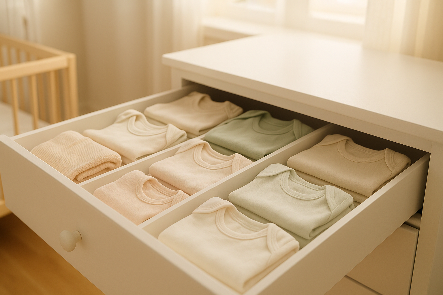 Organized nursery drawer with neatly folded budget-friendly baby clothes sorted by size
