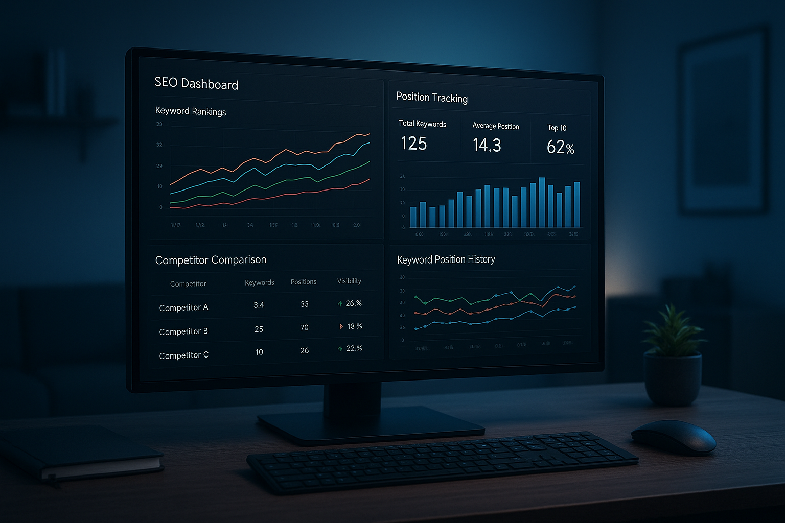 Search engine ranking software dashboard displaying keyword position tracking and competitor analysis charts