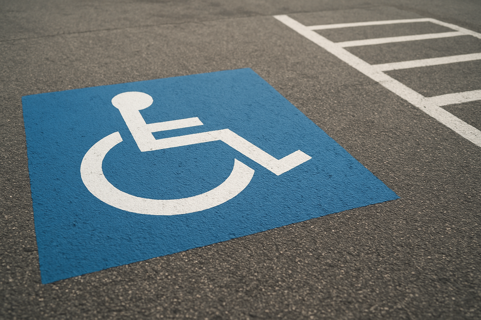 Blue ADA accessible parking stall marking with wheelchair symbol and access aisle