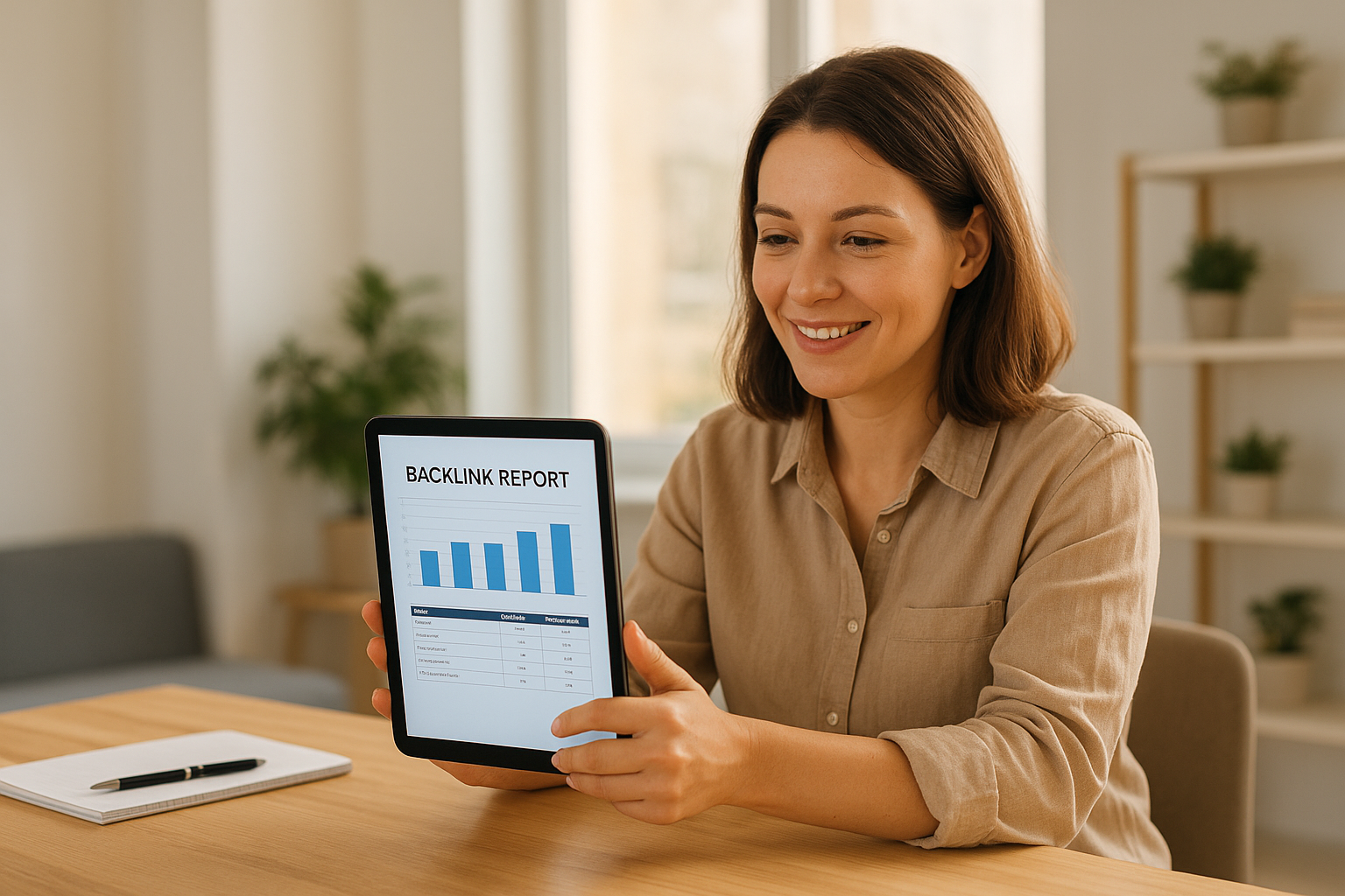 Small business owner reviewing an automated backlink report on a tablet