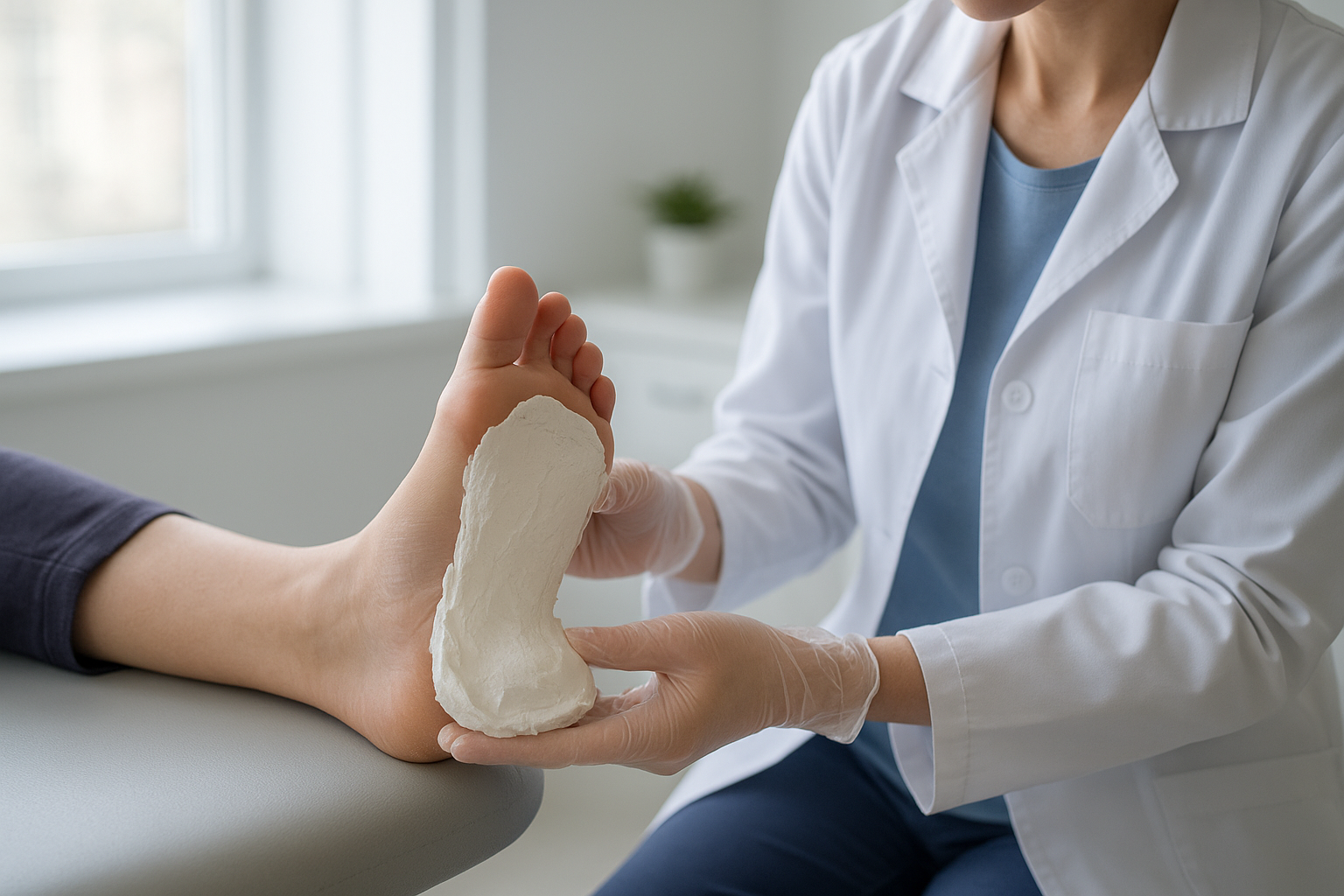 Podiatrist creating a mold for the best custom foot supports during a patient consultation