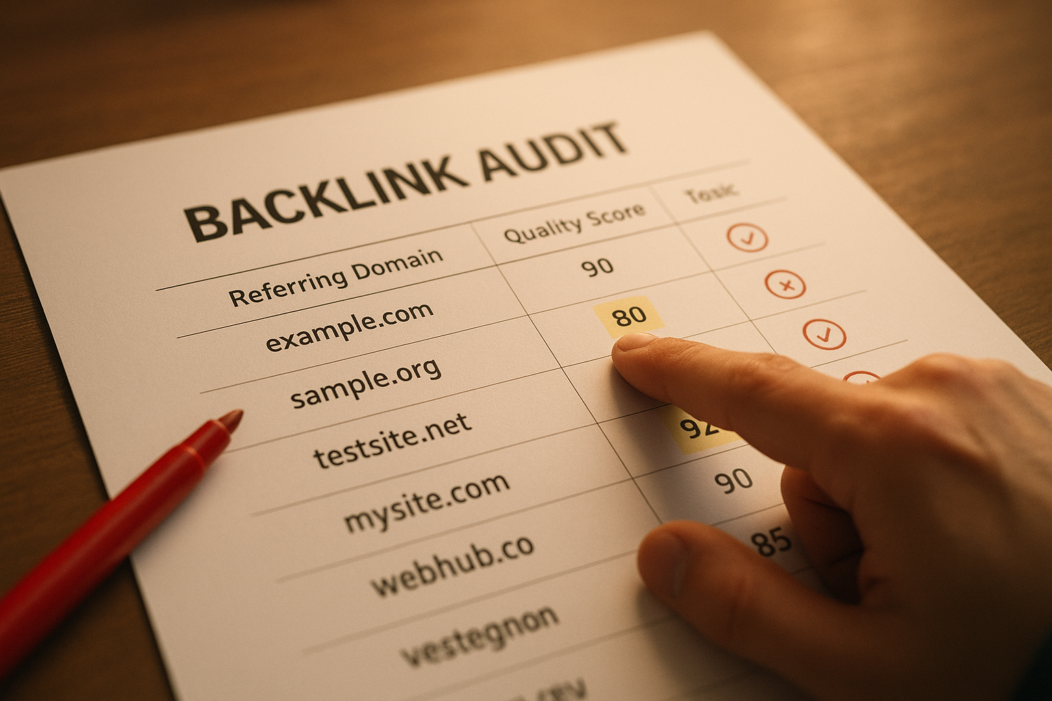 Printed backlink audit report with toxic links highlighted during a manual SEO review