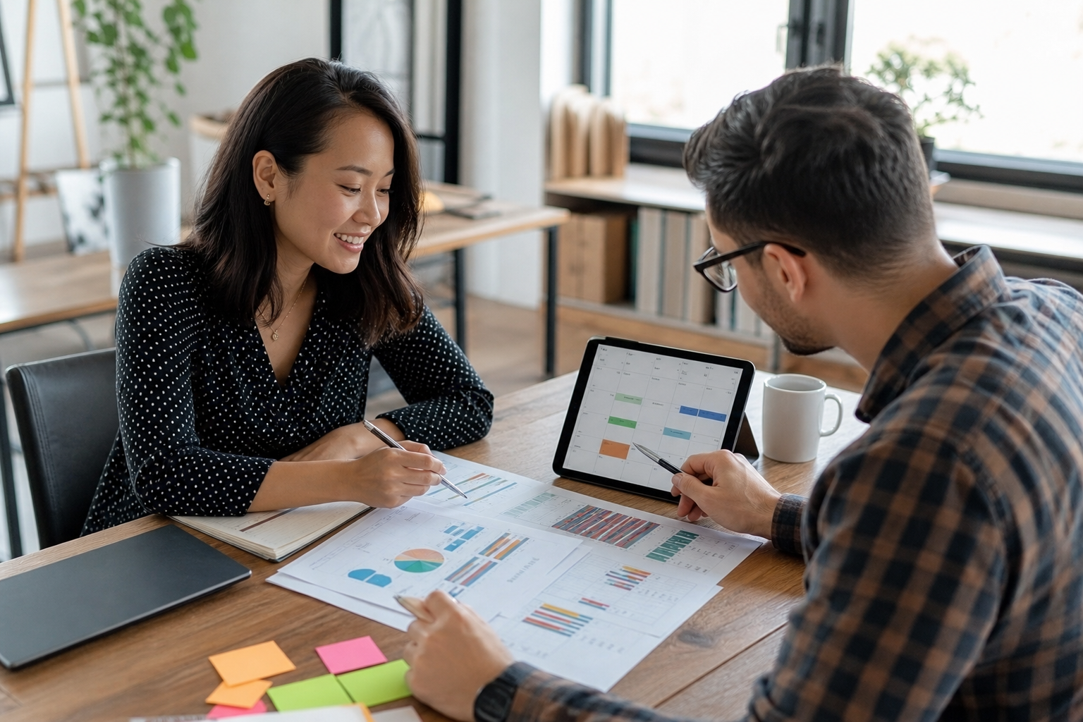 Two team members planning a creator content calendar during influencer campaign management