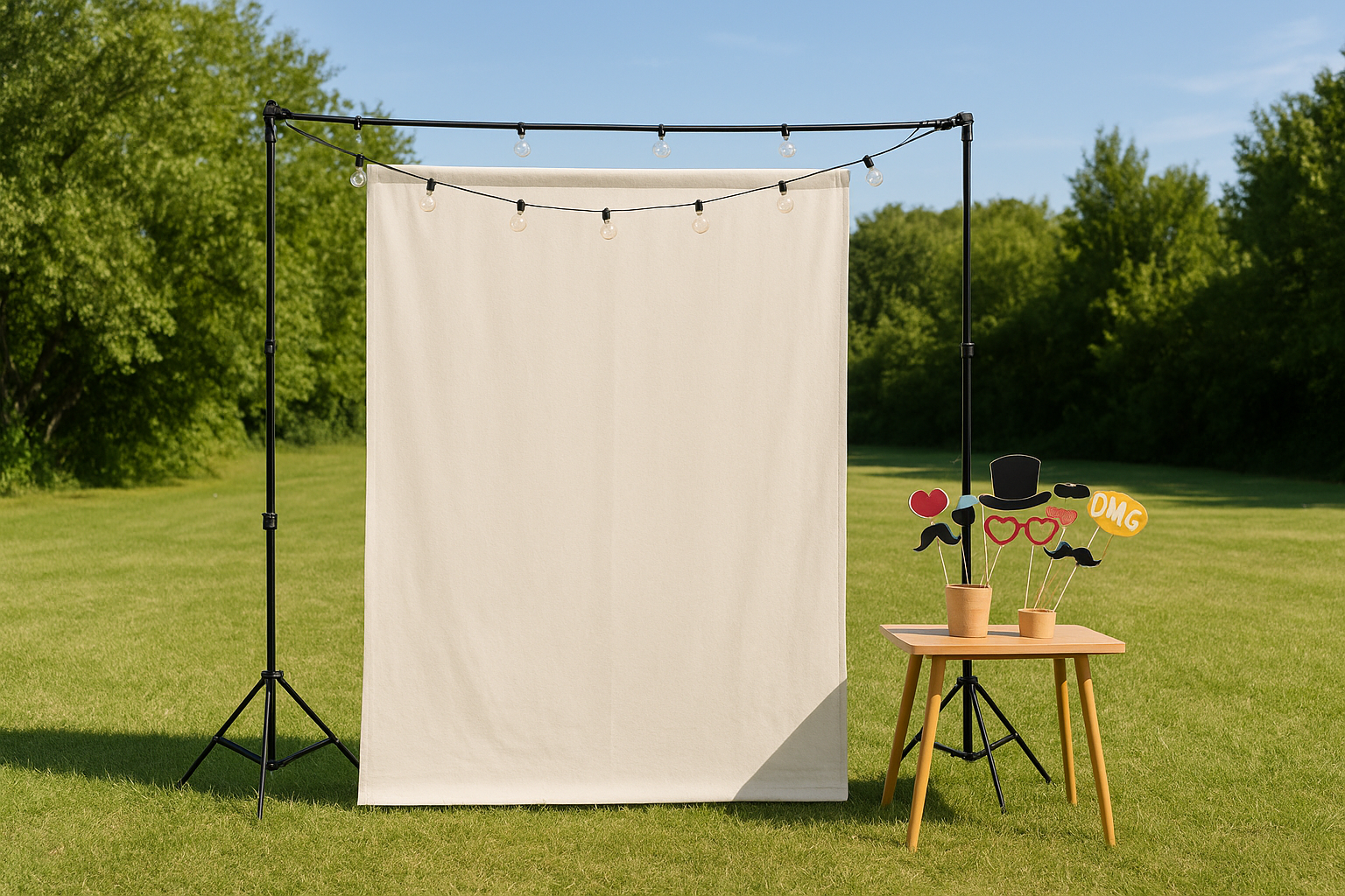Outdoor photo booth backdrop and prop table set up for a daytime event
