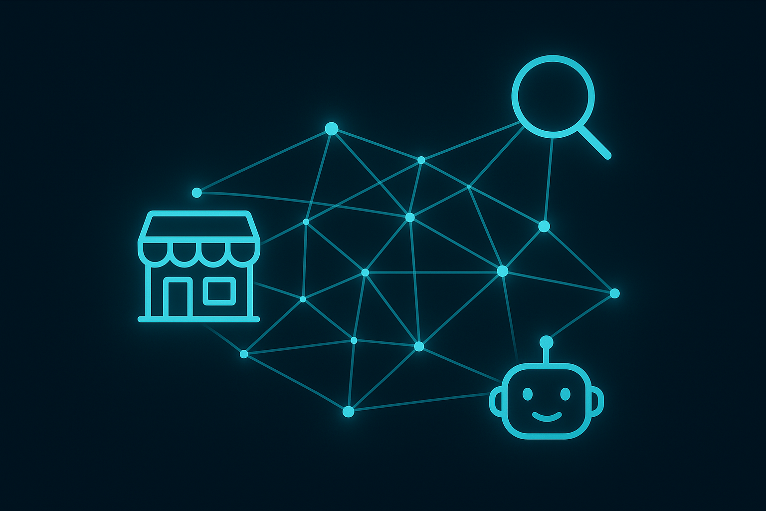 Diagram showing a small business connected to search engines and AI answer engines through automation