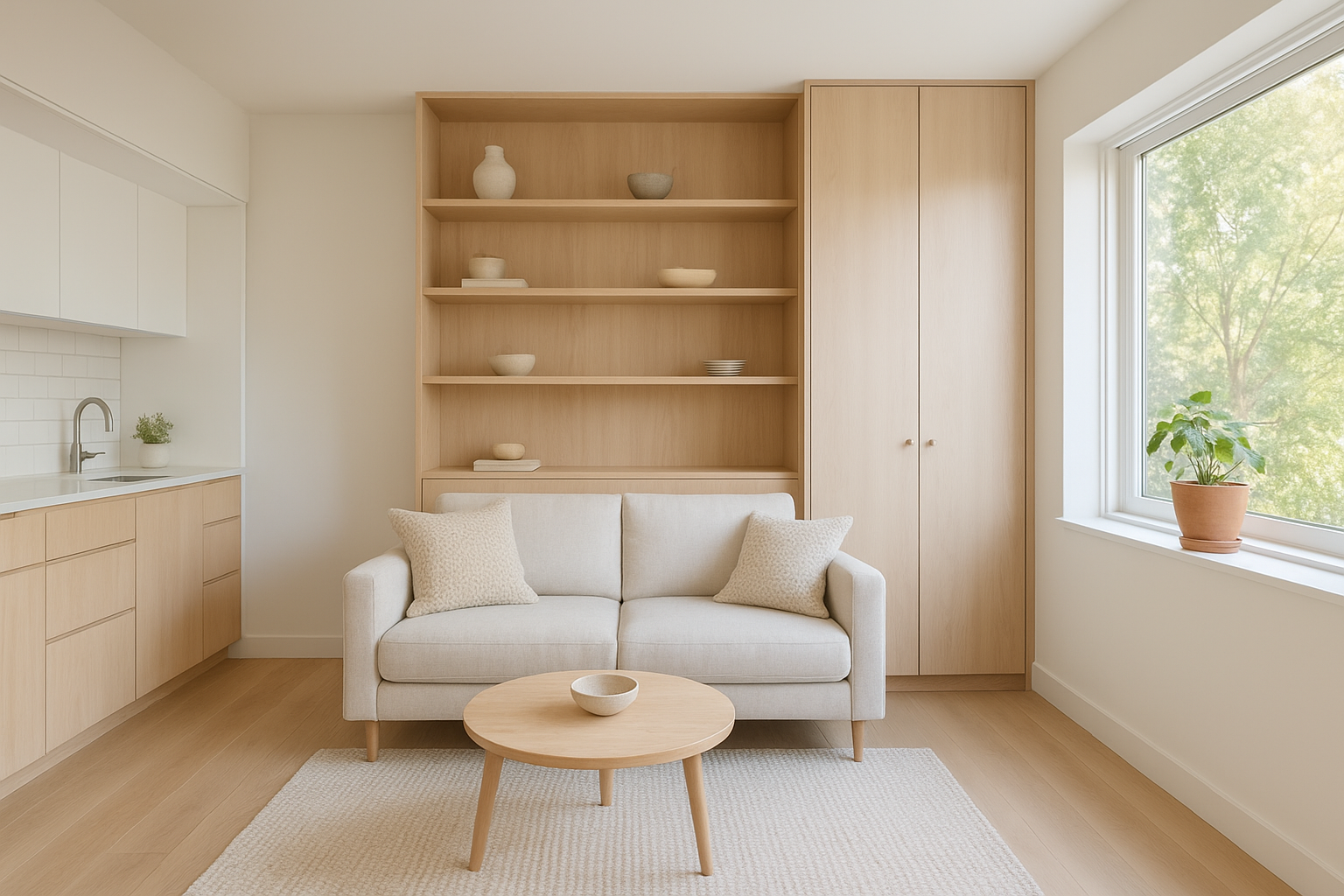 Finished detached ADU interior with custom built-in cabinetry in an Orange County home