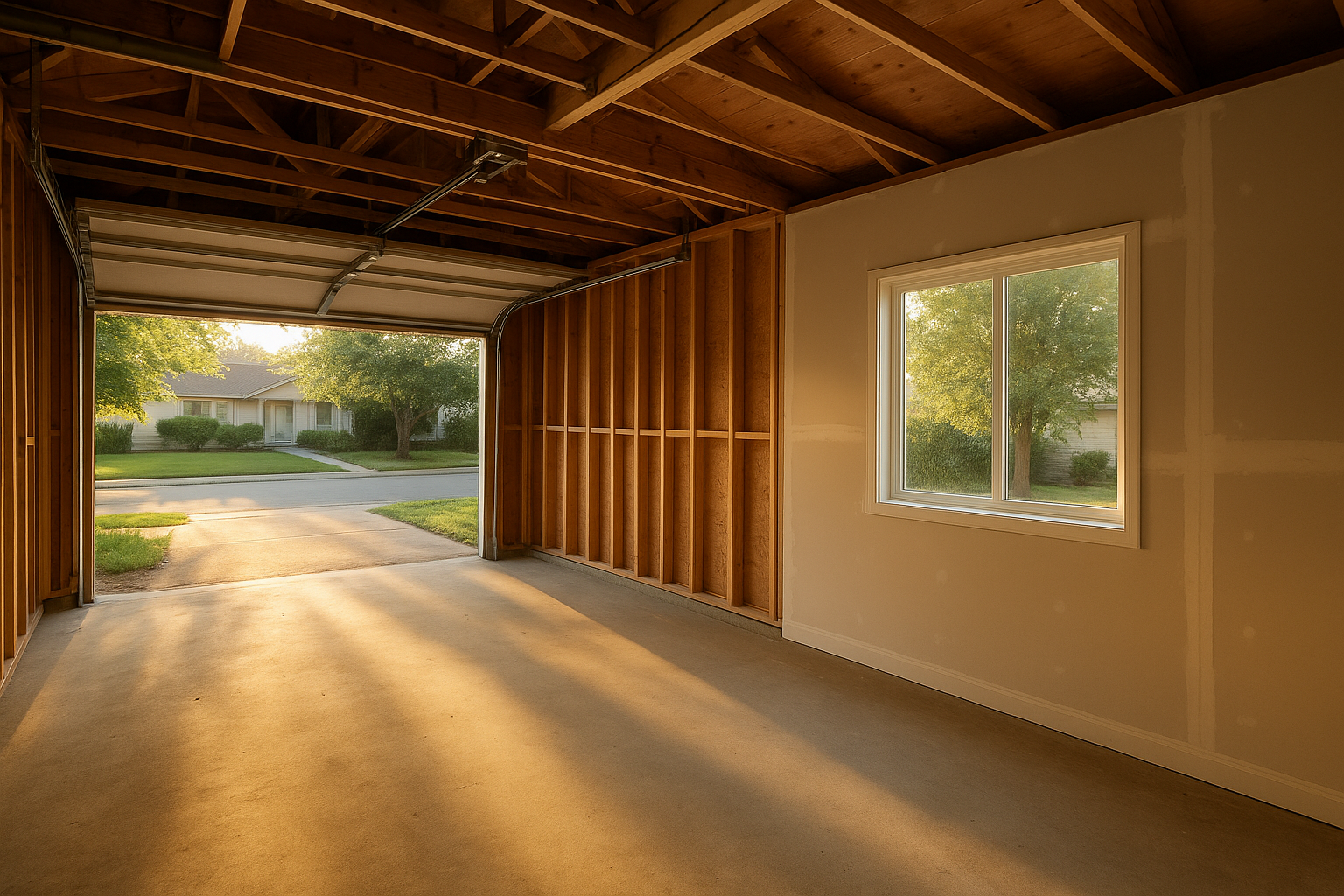 Garage mid-conversion showing framing and finished ADU wall