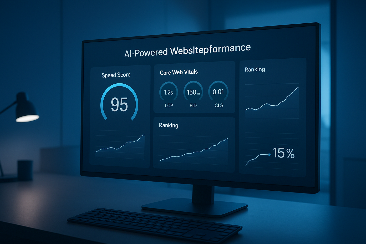 AI-powered website performance tools dashboard showing speed and ranking metrics