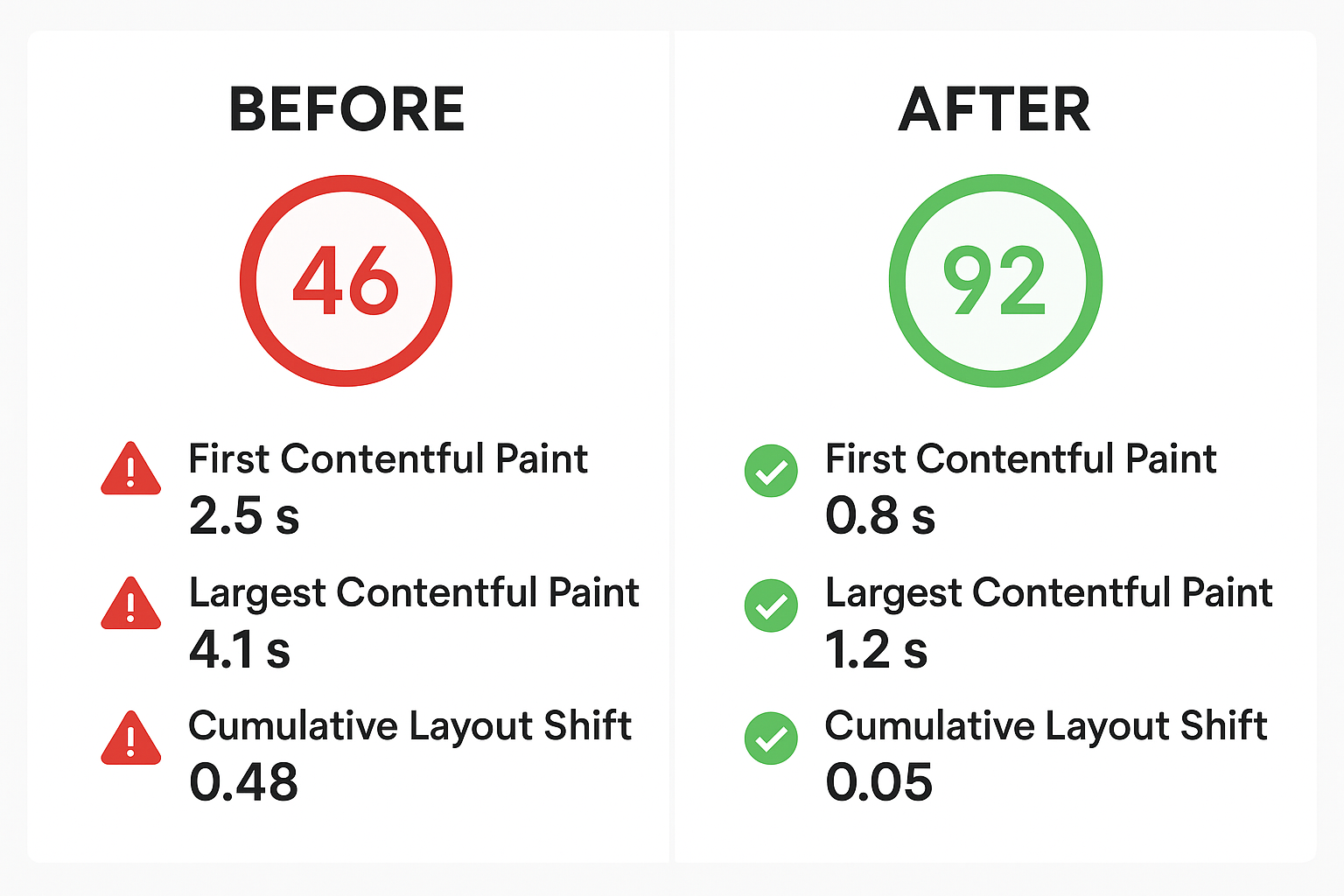 Before and after comparison of website performance scores improved through automated analysis