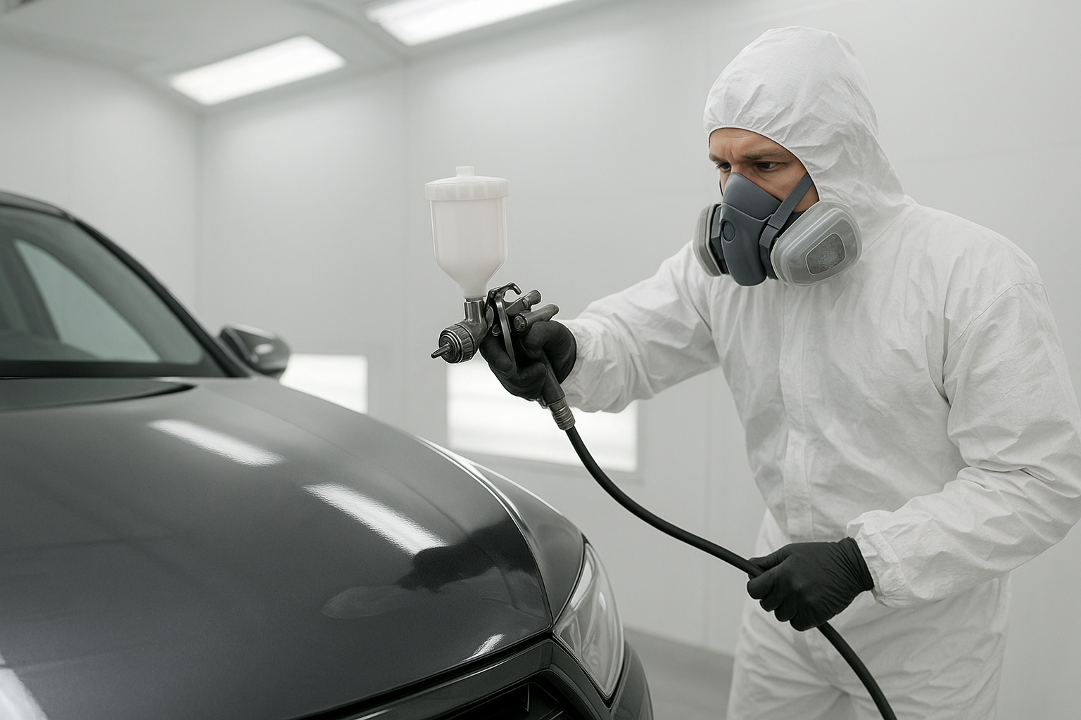 Auto body shop technician applying paint matching finish inside a professional spray booth