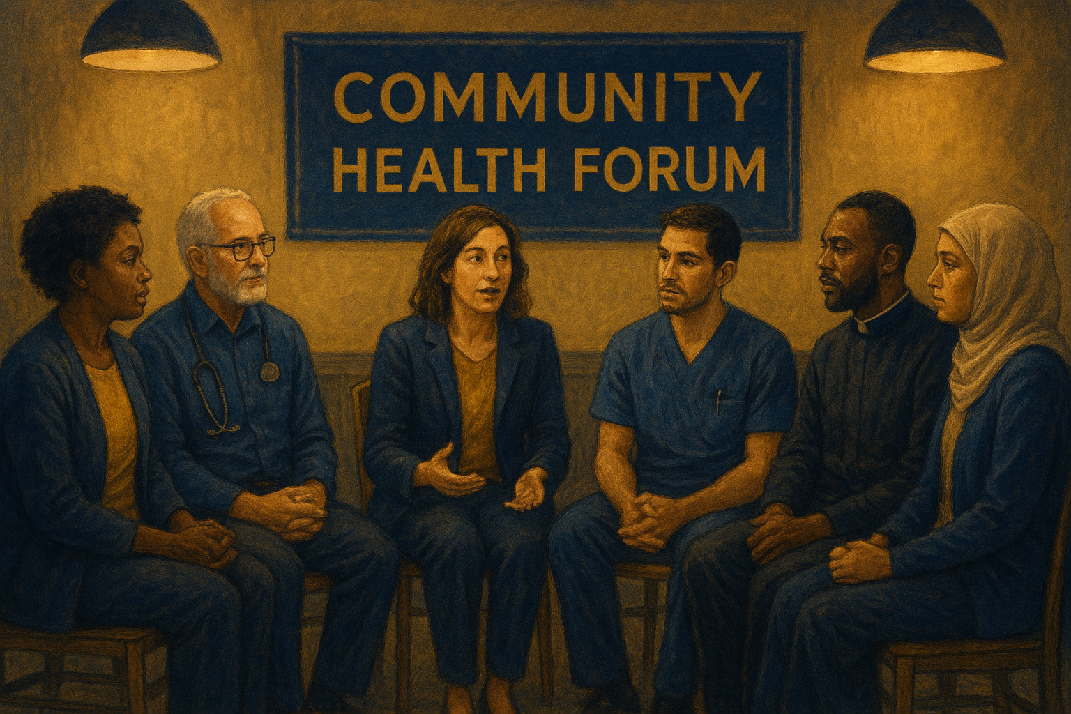 Community members and clinicians discussing AI equity risks in a healthcare forum