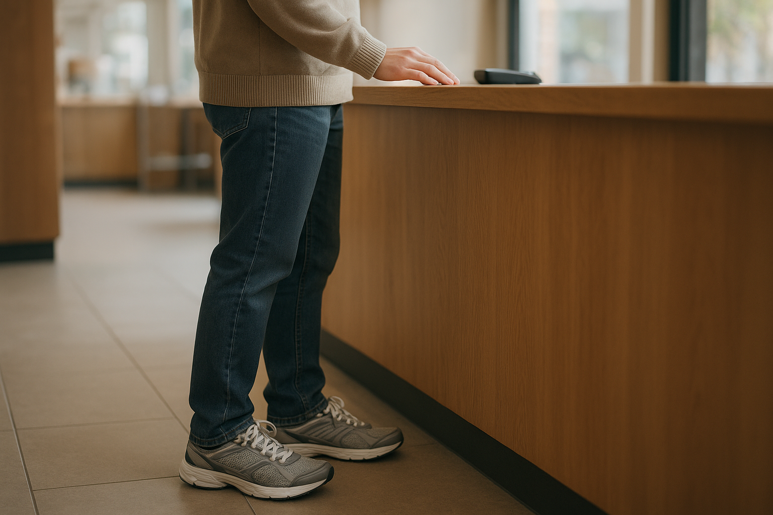 Person standing comfortably at work wearing custom orthotic insoles inside their shoes