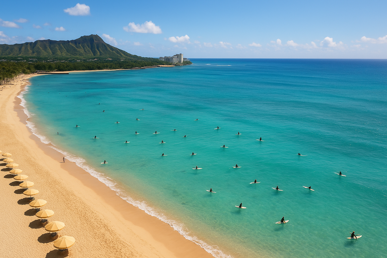 Aerial view of Waikiki beach coastline where beginner surf lessons take place in calm water