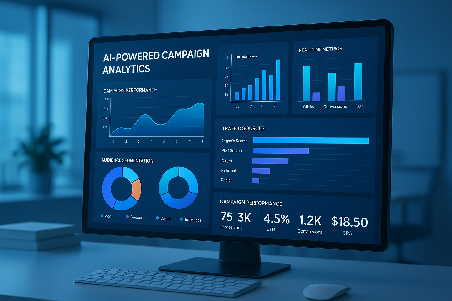 AI marketing solutions dashboard showing campaign analytics and audience segmentation