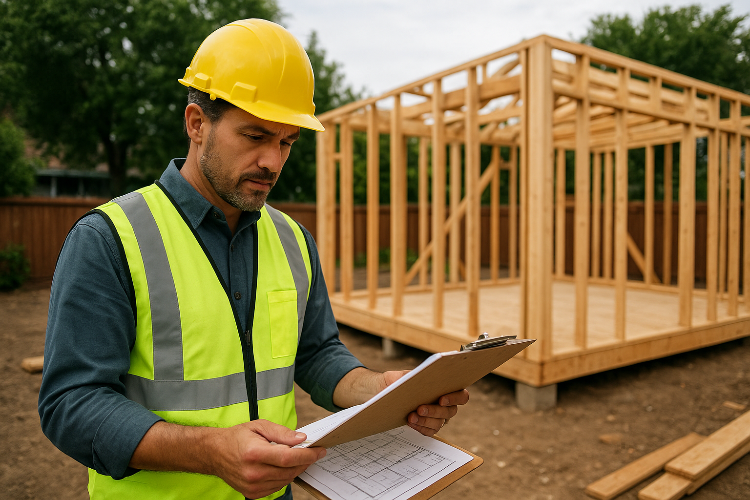 Contractor reviewing blueprints during a granny apartment construction project