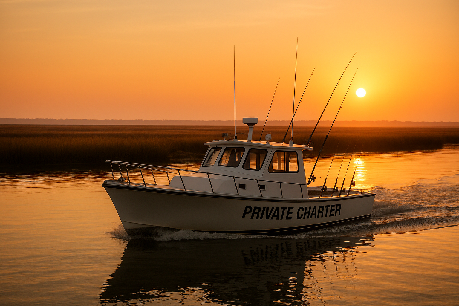 Charter boat fishing Myrtle Beach SC vessel heading out at sunrise along the Intracoastal Waterway