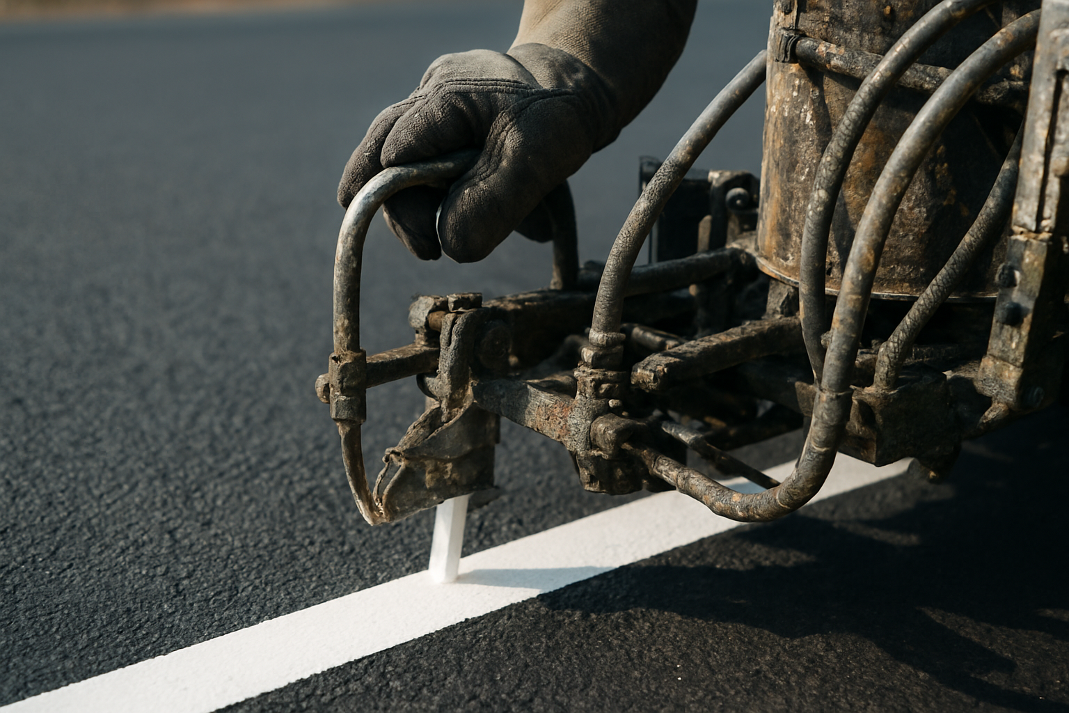Worker operating a professional line striping machine to paint parking stall lines