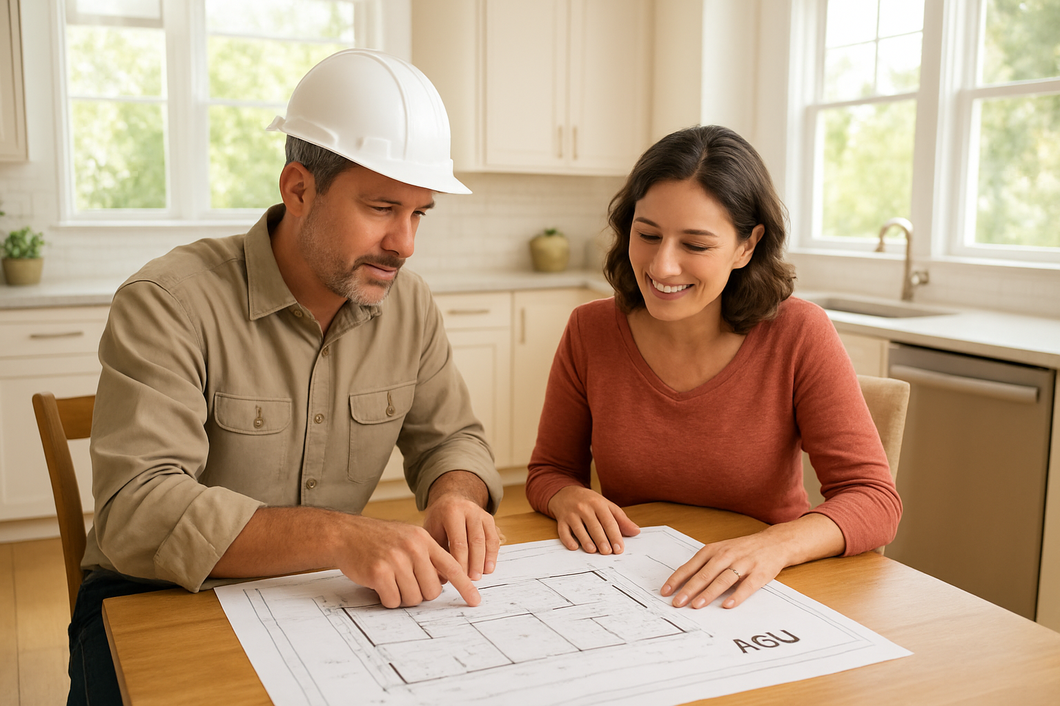ADU contractor and homeowner reviewing home renovation ADU construction plans together