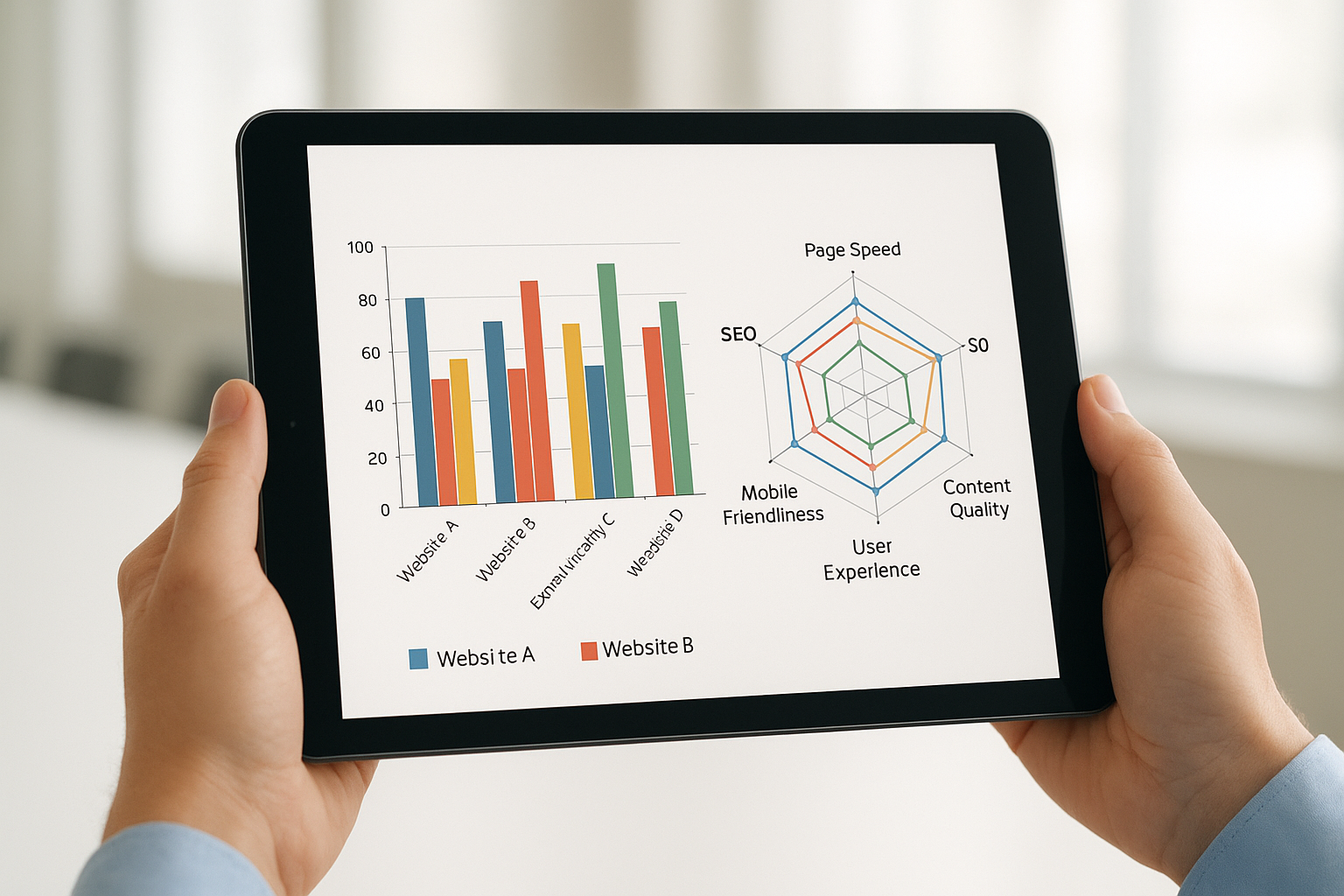 Tablet showing competitor comparison charts and spider diagram used in competitive SEO analysis