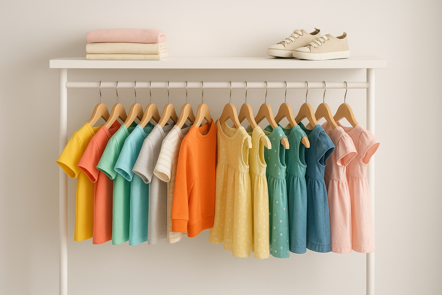 Rack of curated premium toddler apparel available through a rental wardrobe membership