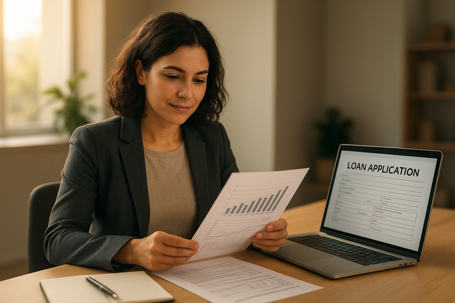 Business owner reviewing business loans for established small businesses paperwork at a desk