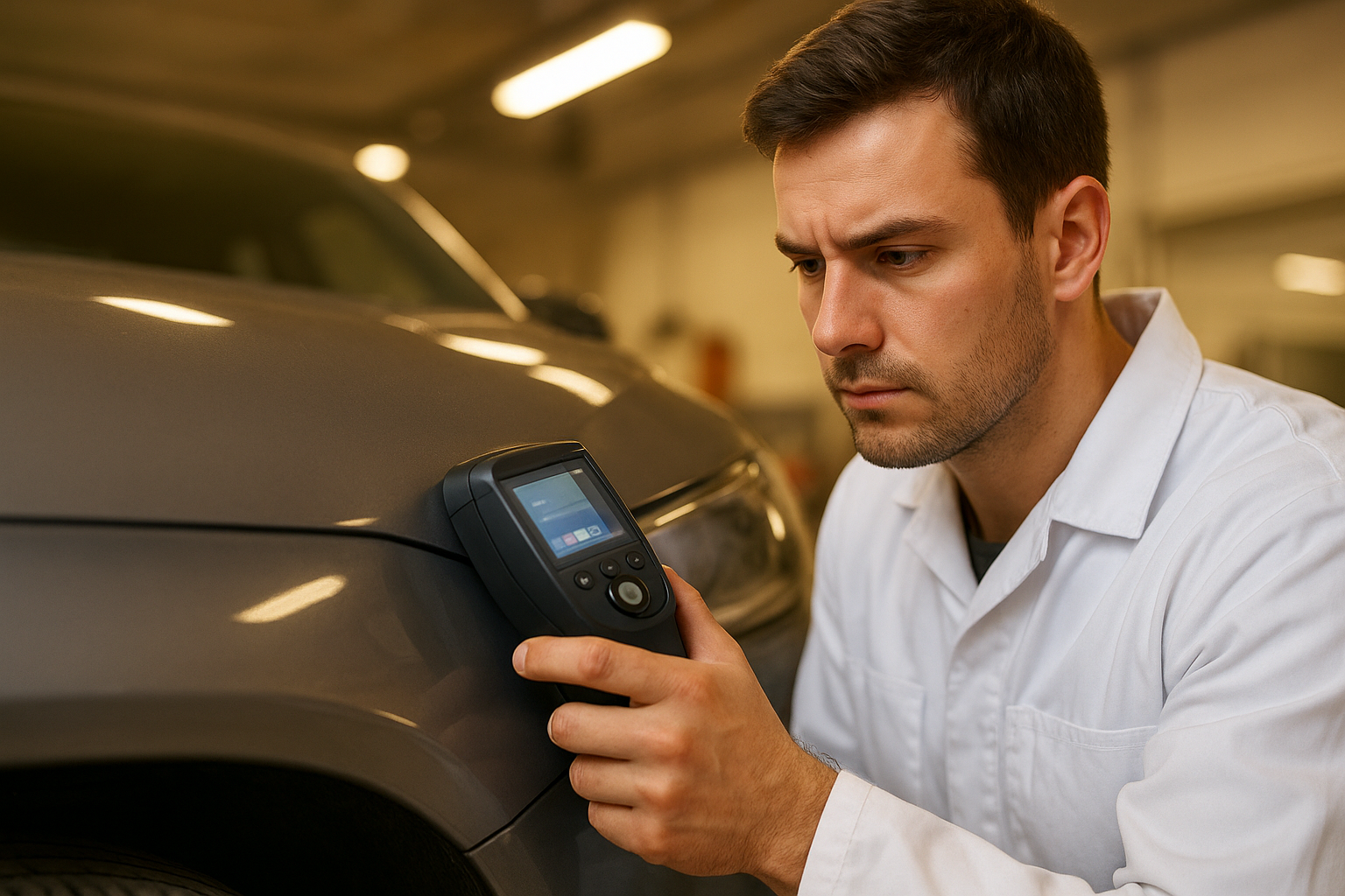 Auto body technician performing precision paint color matching on a vehicle panel