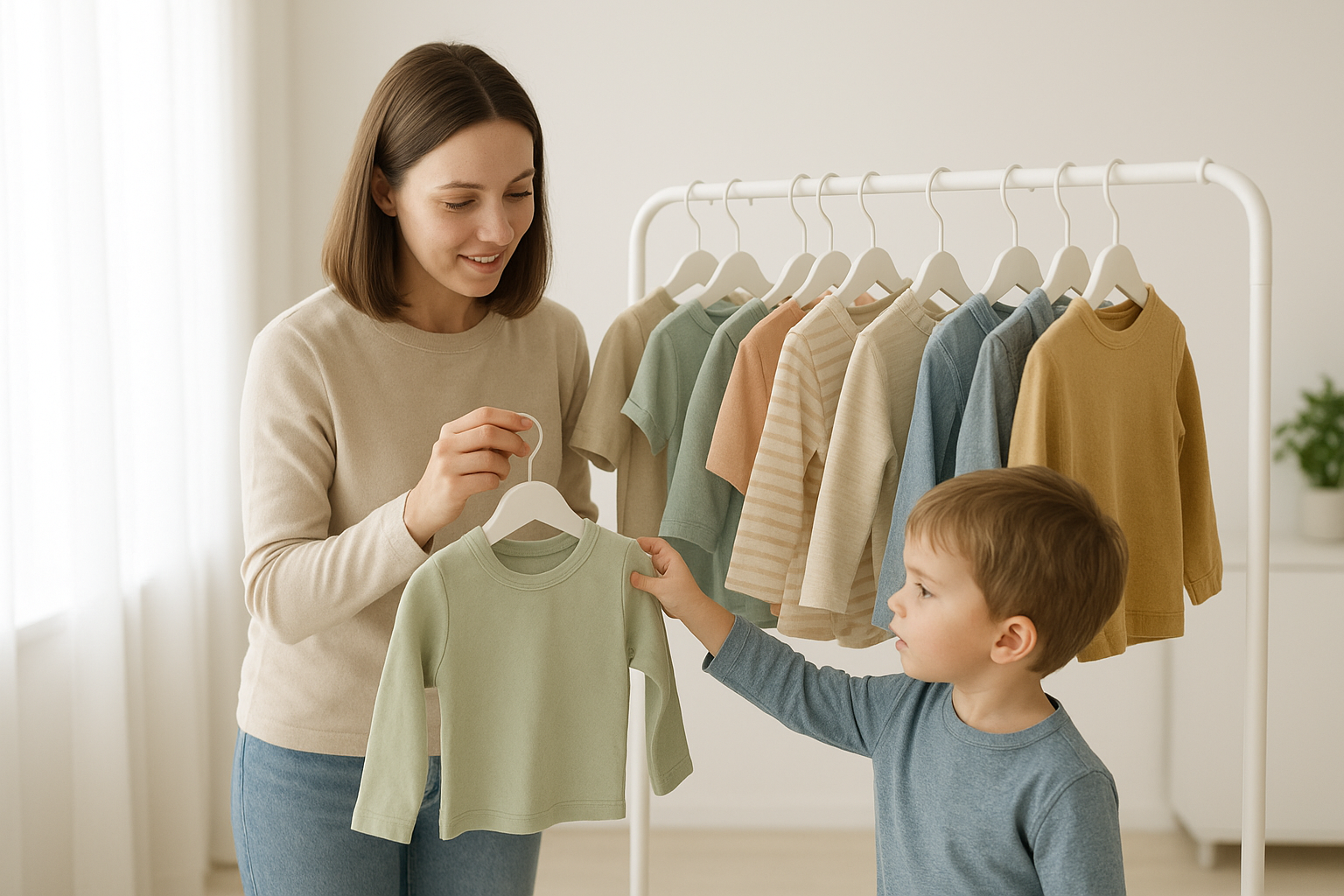 Parent and child swapping outgrown clothes for a fresh rotating kids wardrobe