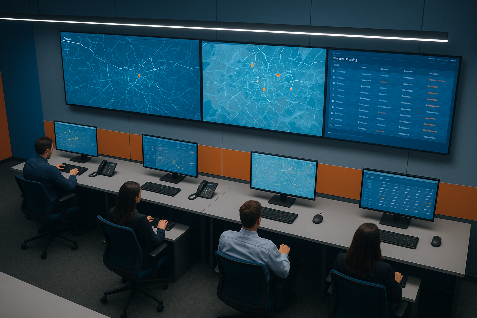 Logistics dispatchers tracking freight shipments on digital screens in a control room