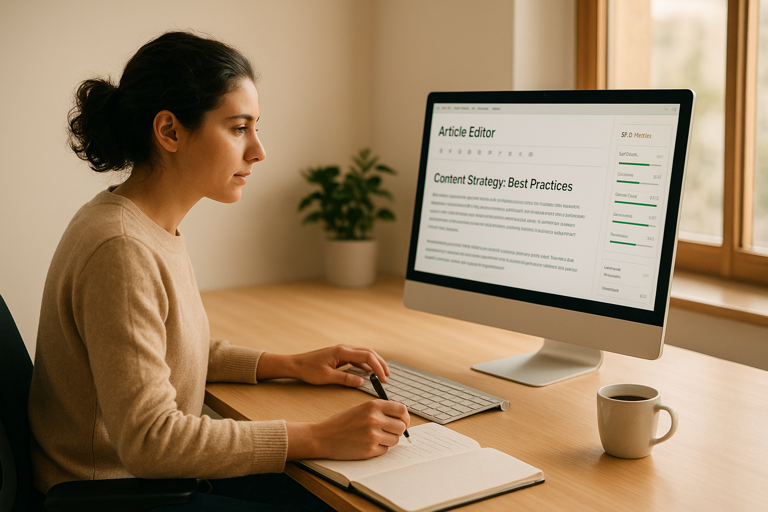 Content strategist using an AI SEO writing tool to optimize a blog article for search rankings
