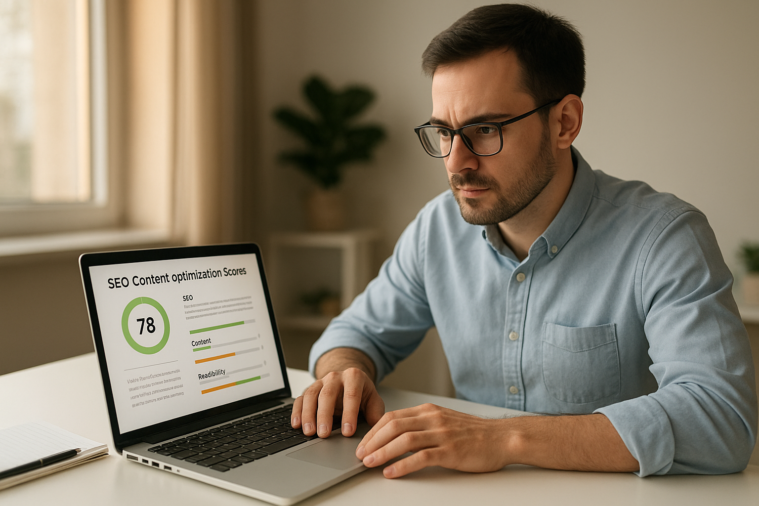 Content marketer reviewing AI-powered content optimization scores on a laptop